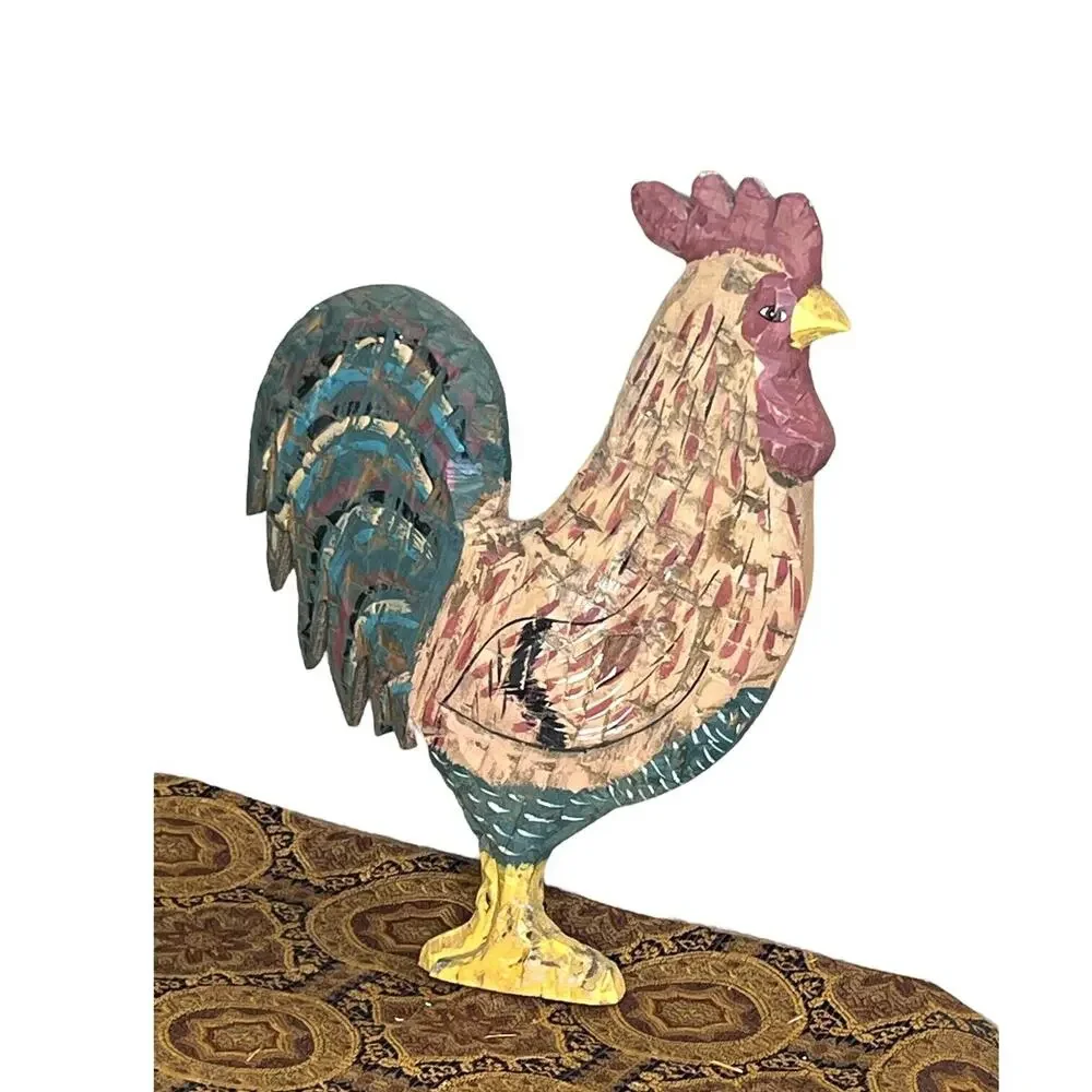 Vtg Wood Farmhouse Country Rooster Decor Hand Carved 12” Tall 9” Long Distressed